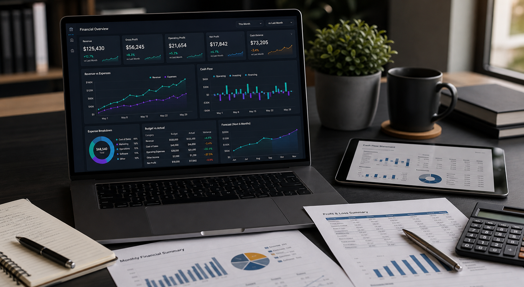 Financial clarity workspace with dashboard, reports, charts, and calculator