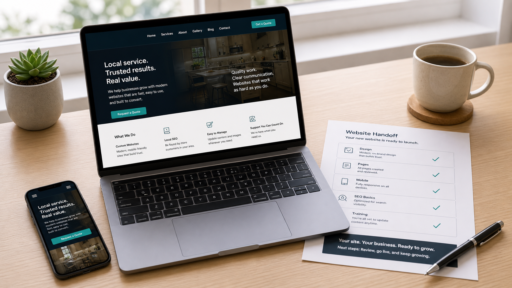 Finished small business website handoff shown on laptop and phone