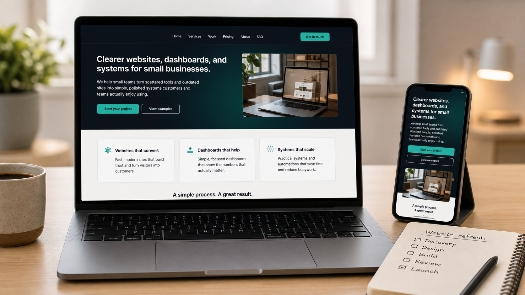 Finished business website shown on laptop and phone with a simple launch checklist
